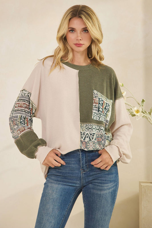 Patchwork Knit Long Sleeve Pullover Top Olive
