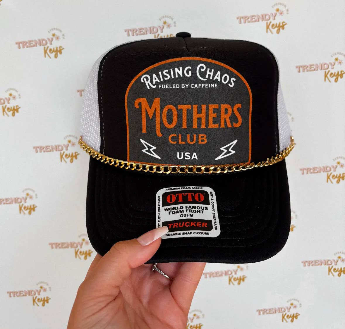 Raising Chaos Mother’s Club Print Trucker Hat : With Chain