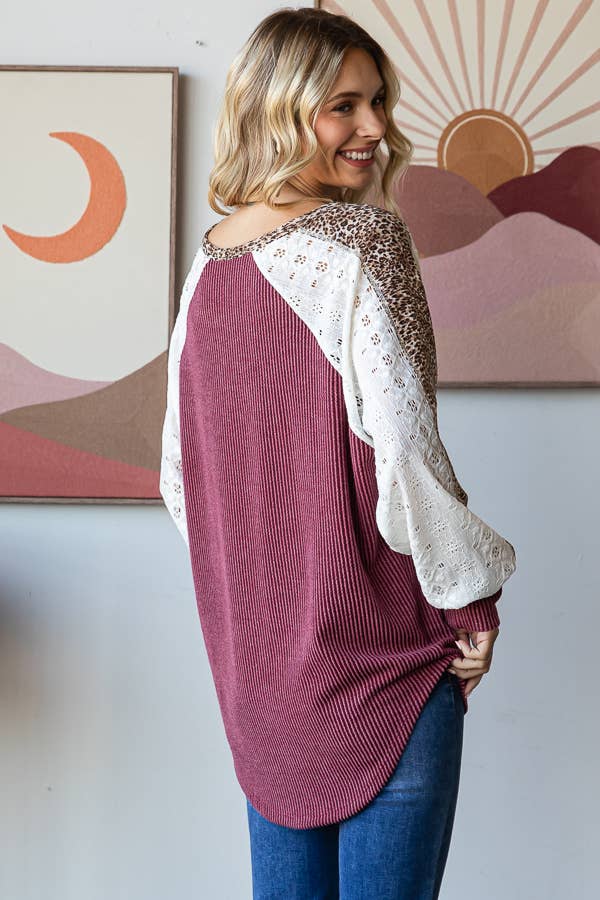 Color Block Animal Top Burgundy