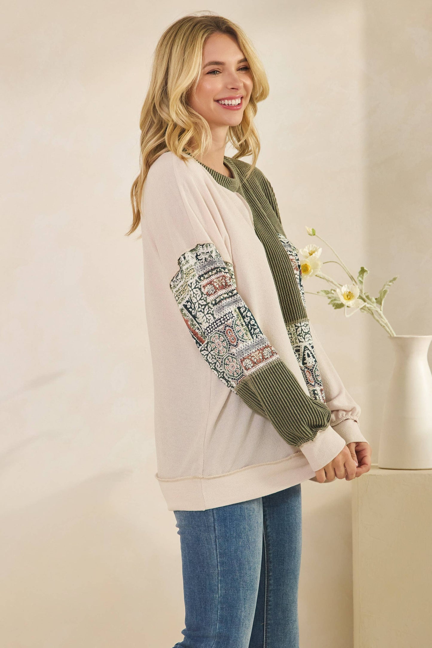 Patchwork Knit Long Sleeve Pullover Top Olive