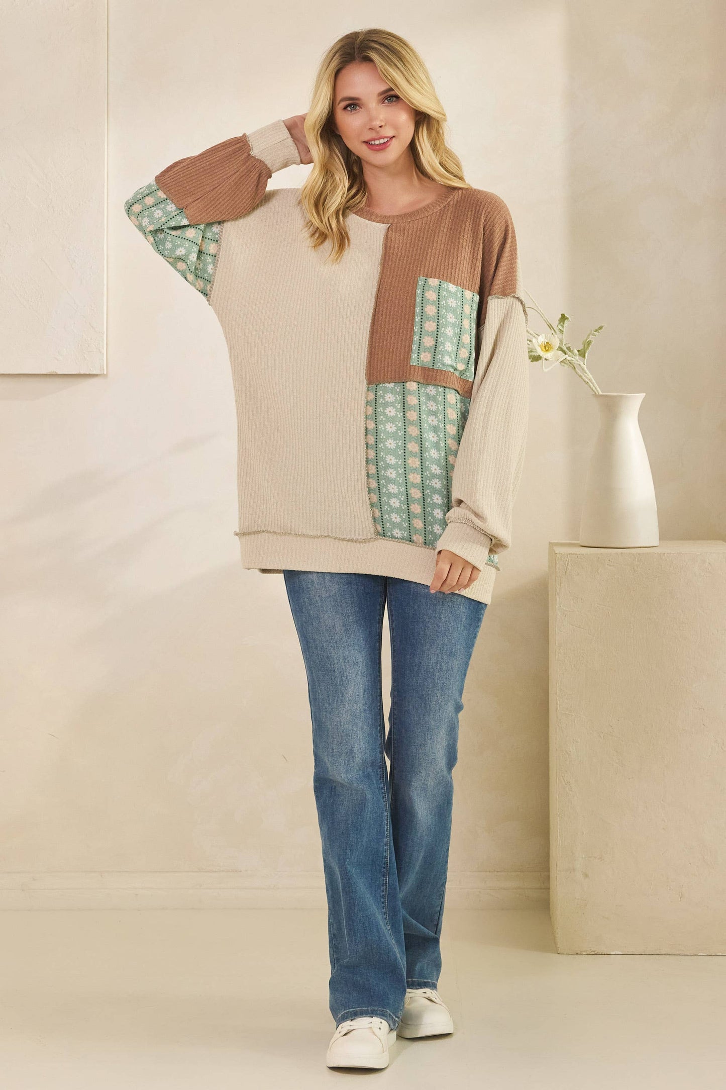 Color Block Floral Patchwork Pullover Top Beige/Sage