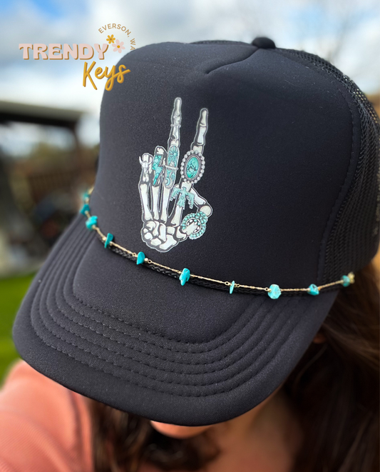 Turquoise Skelly Hand Peace Sign Graphic Trucker Hat : With Chain