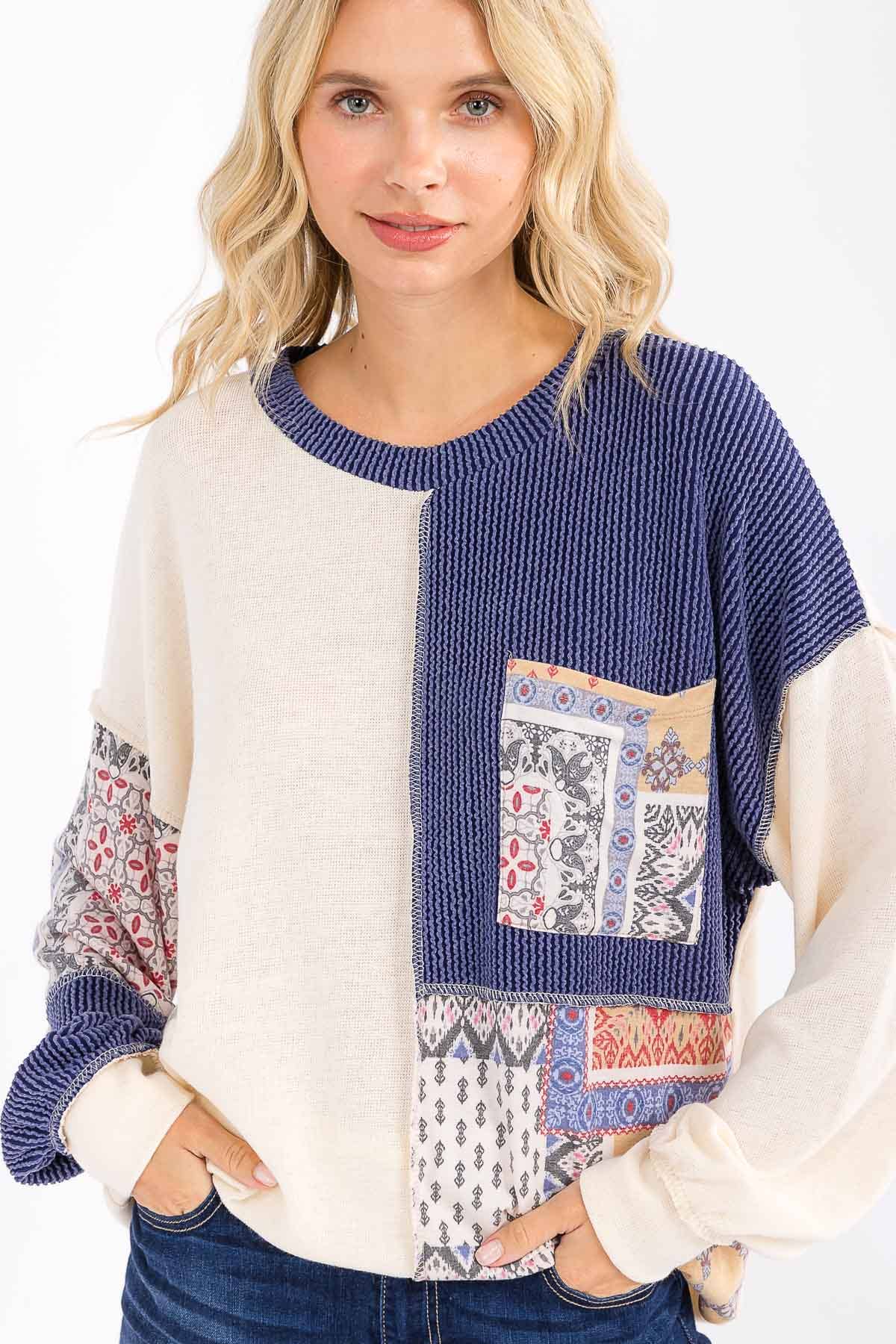 Patchwork Pocket Long Sleeve Top Cream/Denim