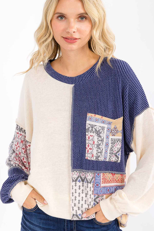 Patchwork Pocket Long Sleeve Top Cream/Denim