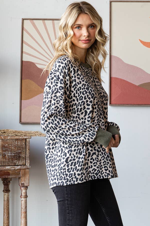 Rib Knit Animal Print Top Cream
