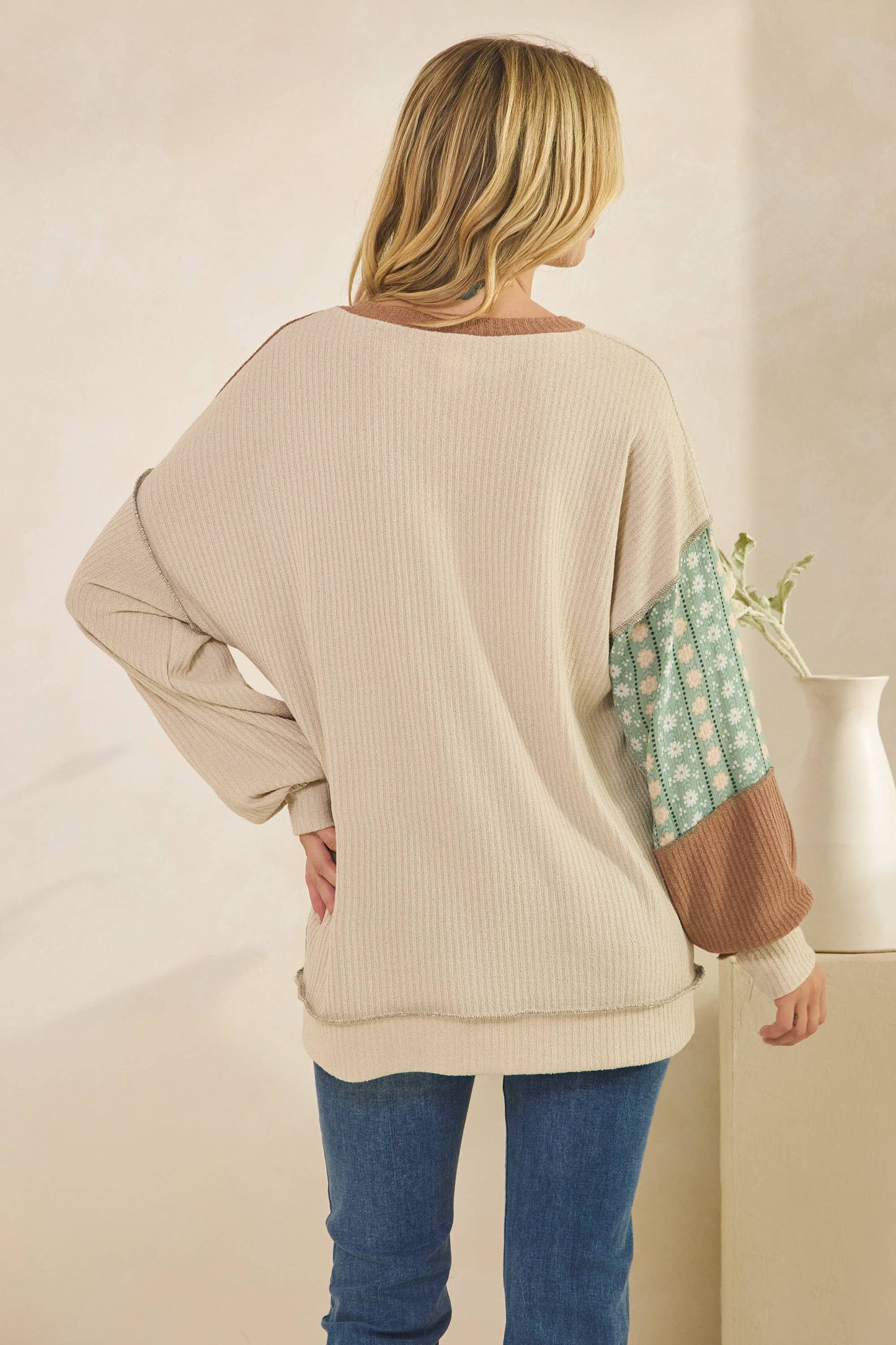Color Block Floral Patchwork Pullover Top Beige/Sage