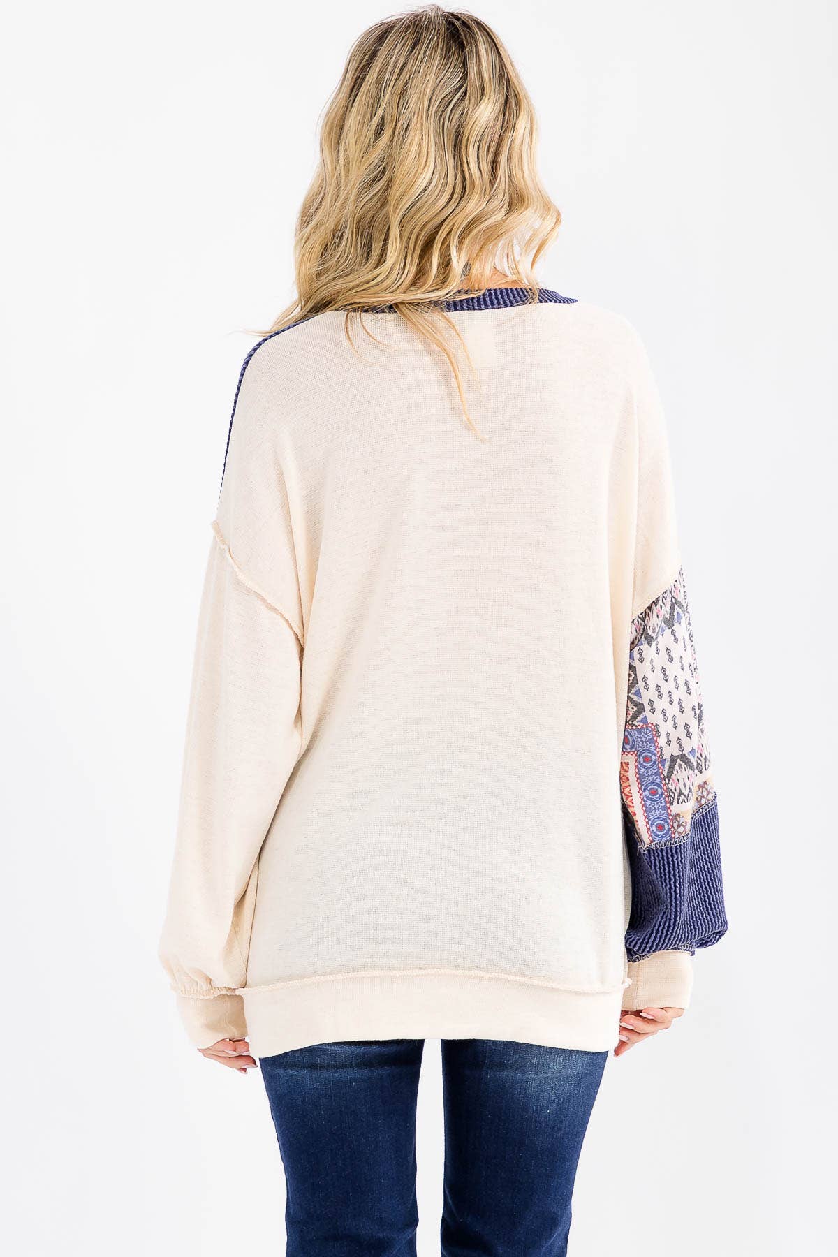 Patchwork Pocket Long Sleeve Top Cream/Denim