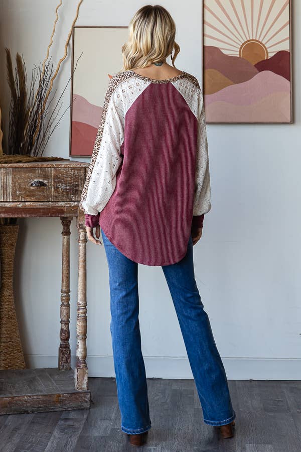 Color Block Animal Top Burgundy