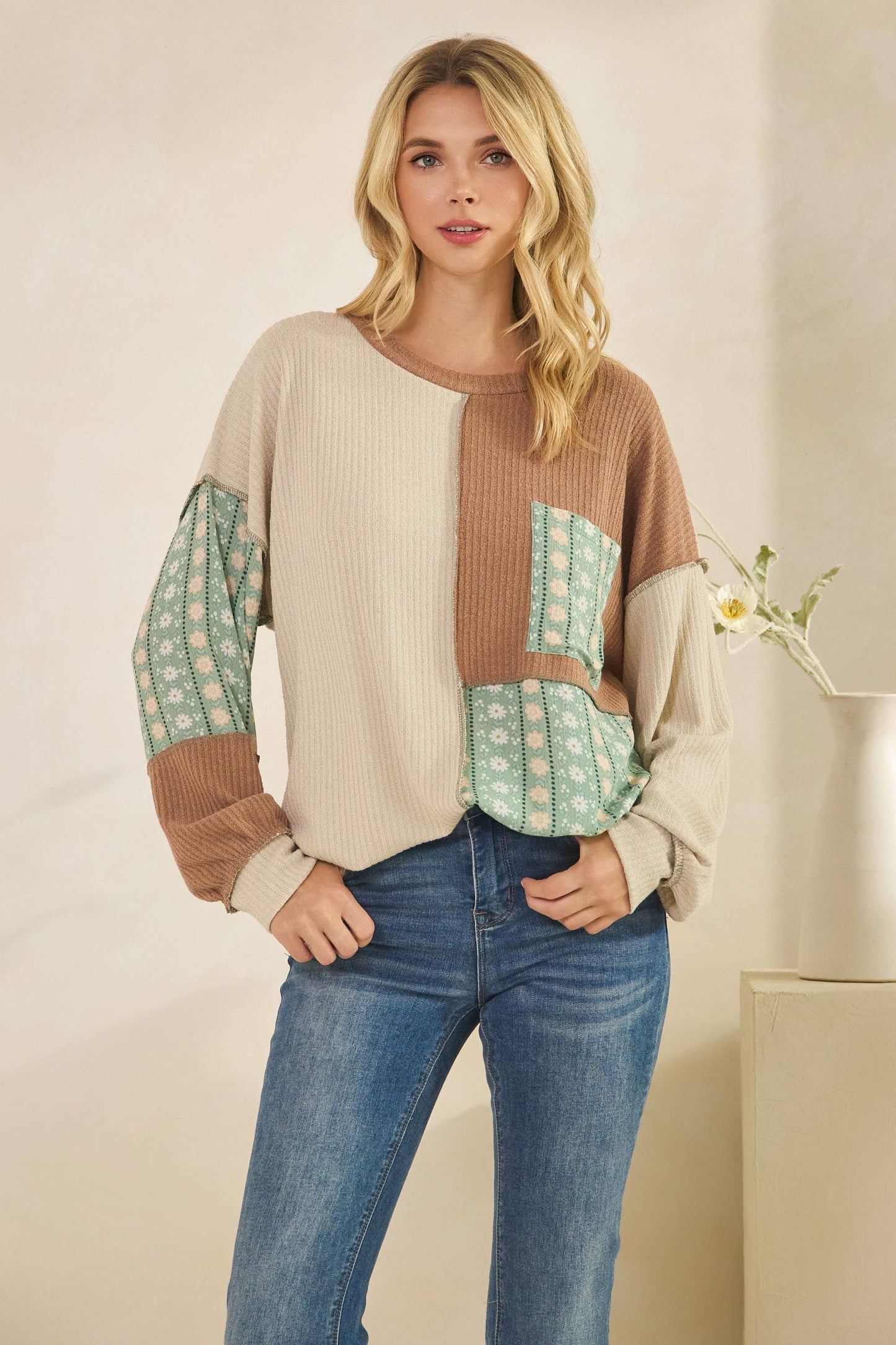 Color Block Floral Patchwork Pullover Top Beige/Sage