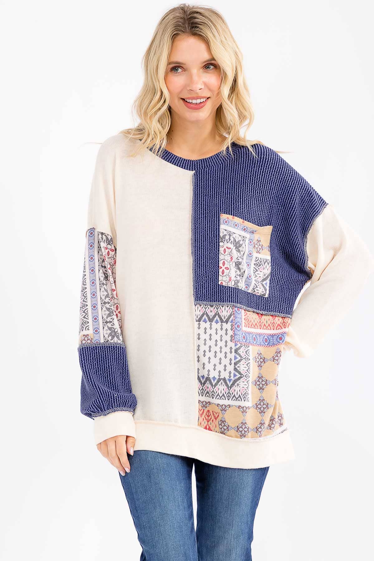 Patchwork Pocket Long Sleeve Top Cream/Denim