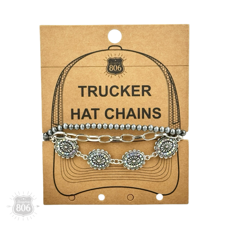 Silver concho, burnished bead hat chain